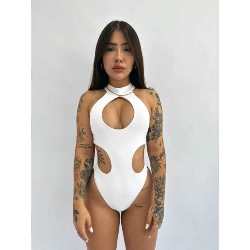 Body feminino poliamida verão tecido duplo com manga Branco