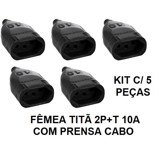 Kit Plug Fêmea p/ Extensão Elétrica 2p+T 10A Preto C/ Prensa Cabo 5, 10, 15 e 20 Peças Elétrico Elétrica