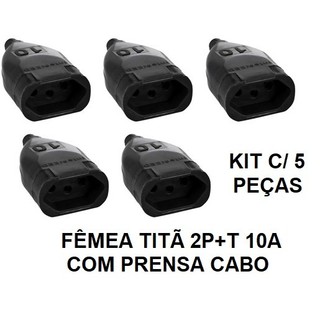 Kit Plug Fêmea p/ Extensão Elétrica 2p+T 10A Preto C/ Prensa Cabo 5, 10, 15 e 20 Peças Elétrico Elétrica
