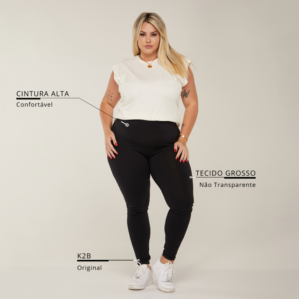Calça Legging Cirrê k2B Original do 38 ao 54 Slim e Plus Size Preta Cós Alto Lycra Modeladora Grossa Casual/Fitness Moda