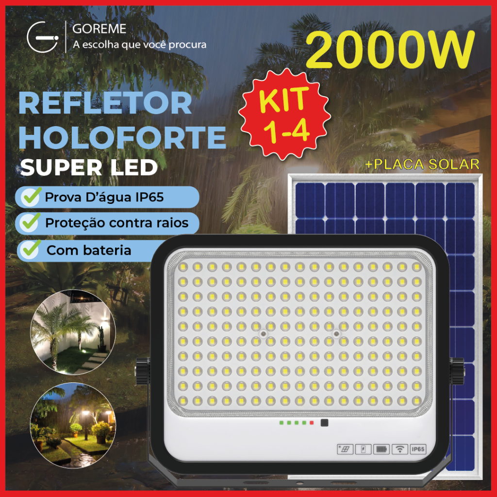 Holofote Refletor Led 2000W Solar Prova D'àgua C/placa Solar para Jardim ou Ambientes Externos em Oferta na Shopee