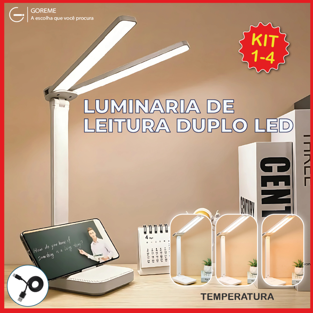 Luminária de Mesa Abajur Led Leitura Dupla 3 Tons de Luz Recarregável USB Portátil Bivolt em Oferta na Shopee