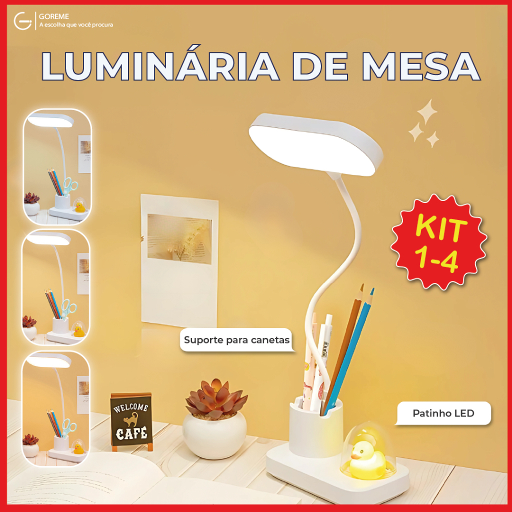 Luminária de Mesa Patinho Led Abajur Portátil Recarregável USB 3 Tons de Luz Ajustável Bivolt