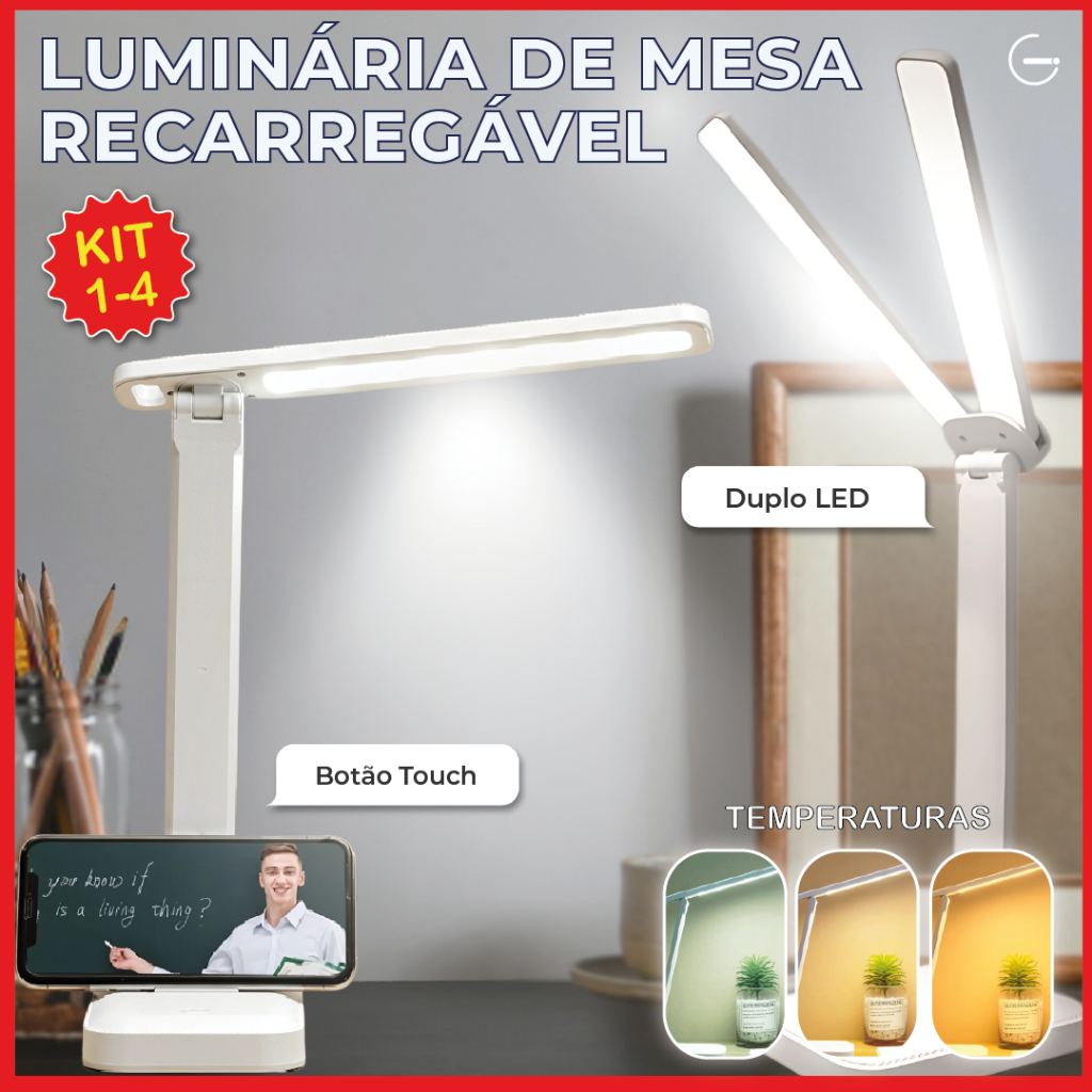 Luminária de Mesa Abajur Led Recarregável Portátil USB Duplo Led Botão Touch 3 Tons Luz Bivolt em Oferta na Shopee