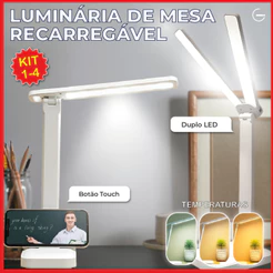 Luminária de Mesa Abajur Led Recarregável Portátil USB Duplo Led Botão Touch 3 Tons Luz Bivolt