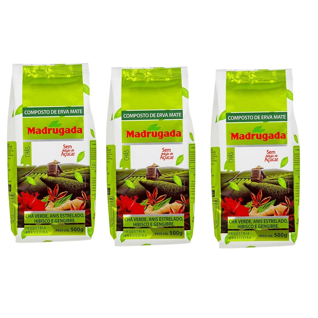 Kit 03 Compostos Erva Mate Madrugada Chás  Verde Anis Hibisco Gengibre 500g cada