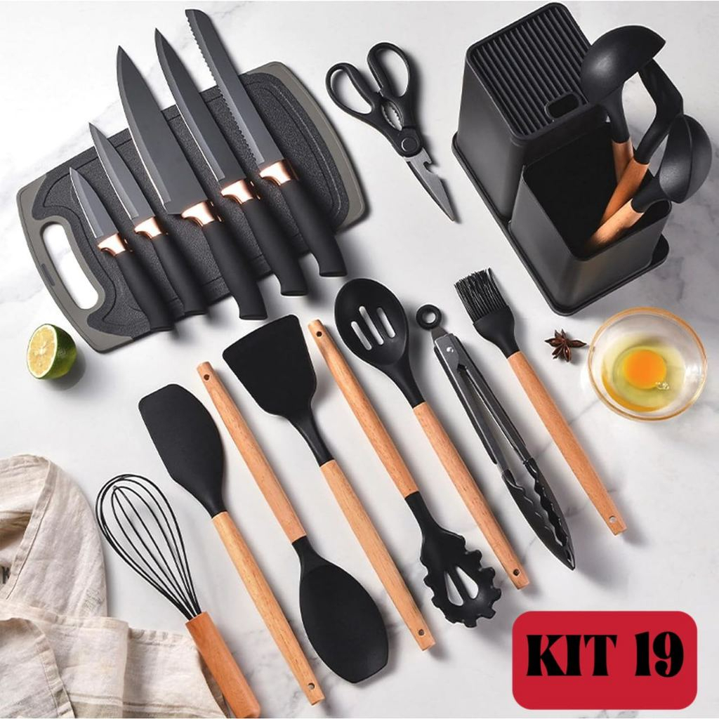 Kit Completo Jogo Utensílios de Cozinha Luxo 19 Peças Com Tábua em Silicone Espátula Faca ...