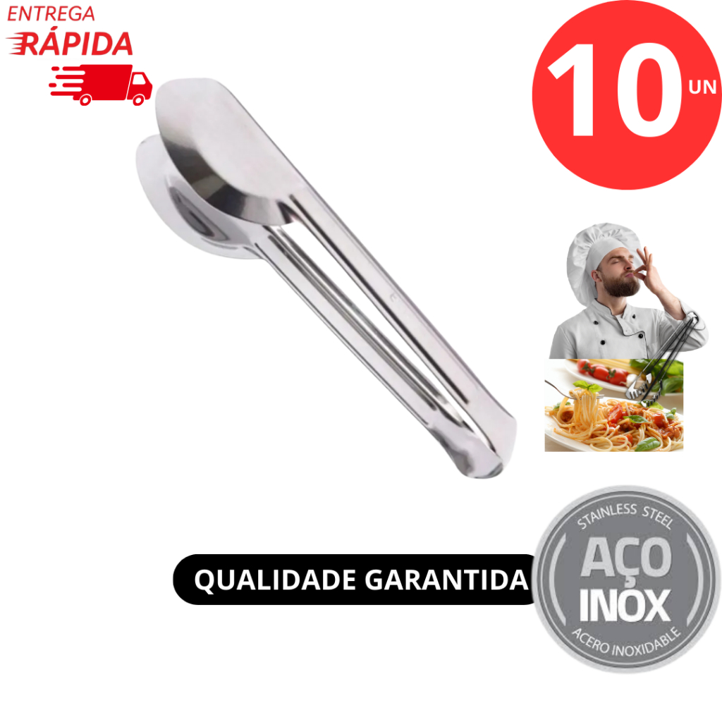 Kit 10 ou 4 Pegadores Universal Grande de Aço Inox 29cm Massa Churrasco Petiscos Salada Carne de Massas