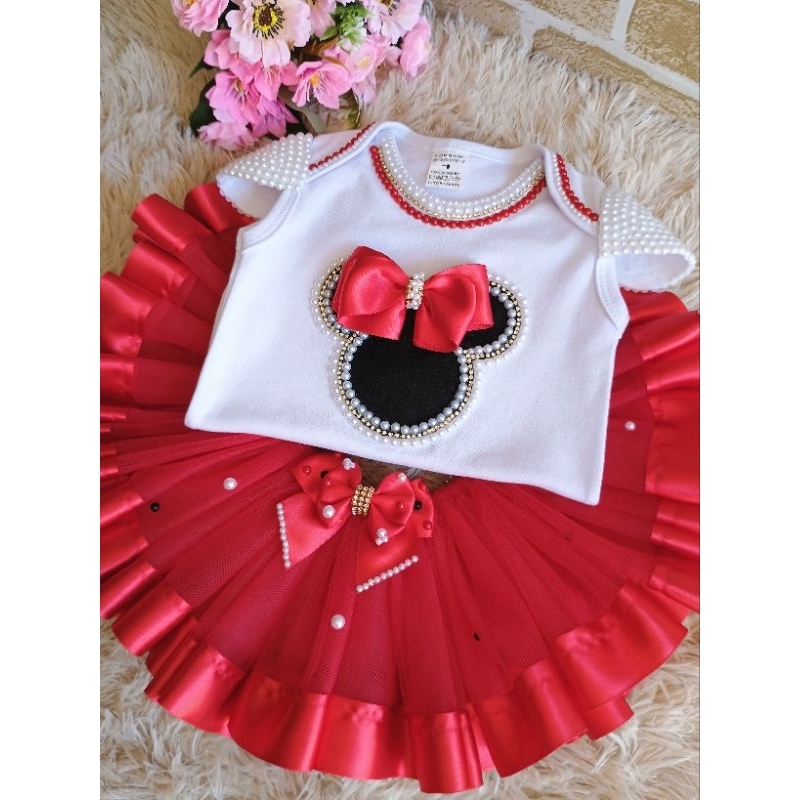 Kit tutu para aniversário mesversario bebê  Minnie Vermelha luxo Body personalizado saia tutu Roupas smash the cake