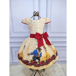 Vestido Menina Infantil Luxo Manga Viés Bela e a Fera