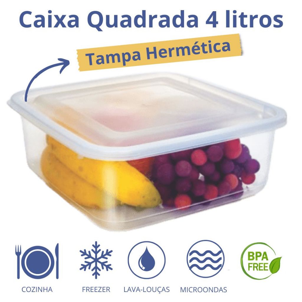 1 Pote Quadrado Transparente 4 Litros Tampa Hermética BPA FREE Caixa Organizadora Geladeira Verdura