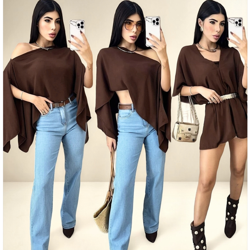 Blusa Bata Feminina Cropped Capa Morcego com Top Faixa Tendência Boho
