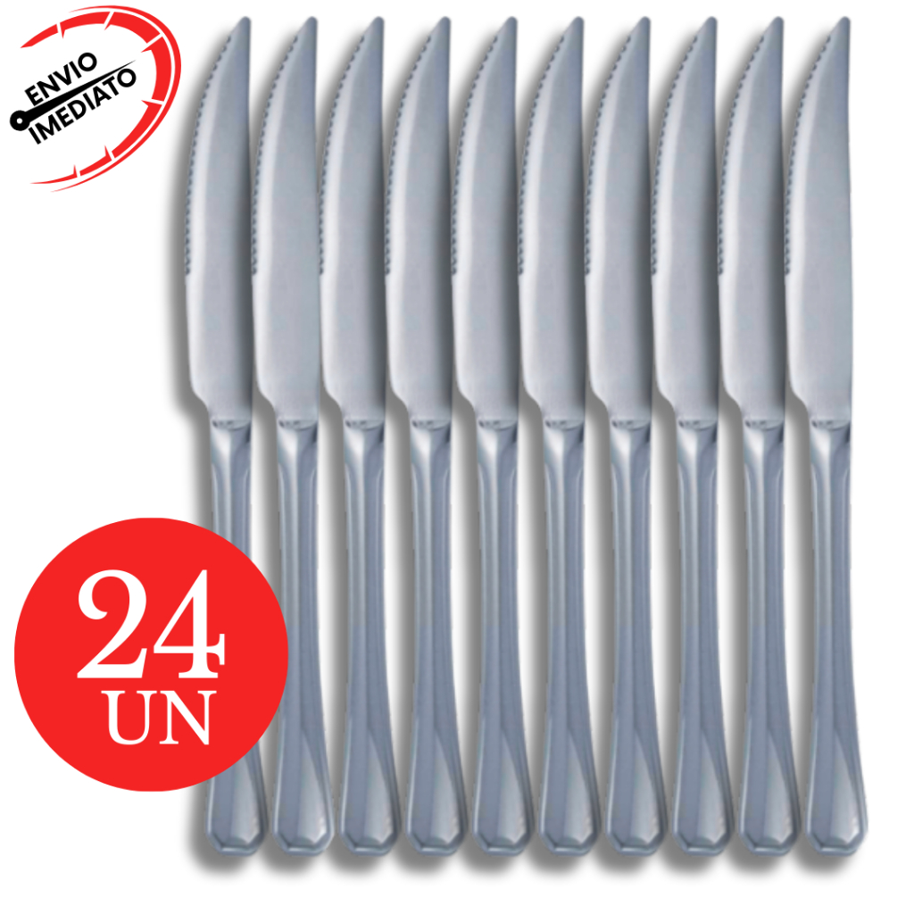 Kit 24 Faca Mesa Aço Inox Elegante Talher Churrascaria Pizzaria Restaurante Buffet Casa Bar