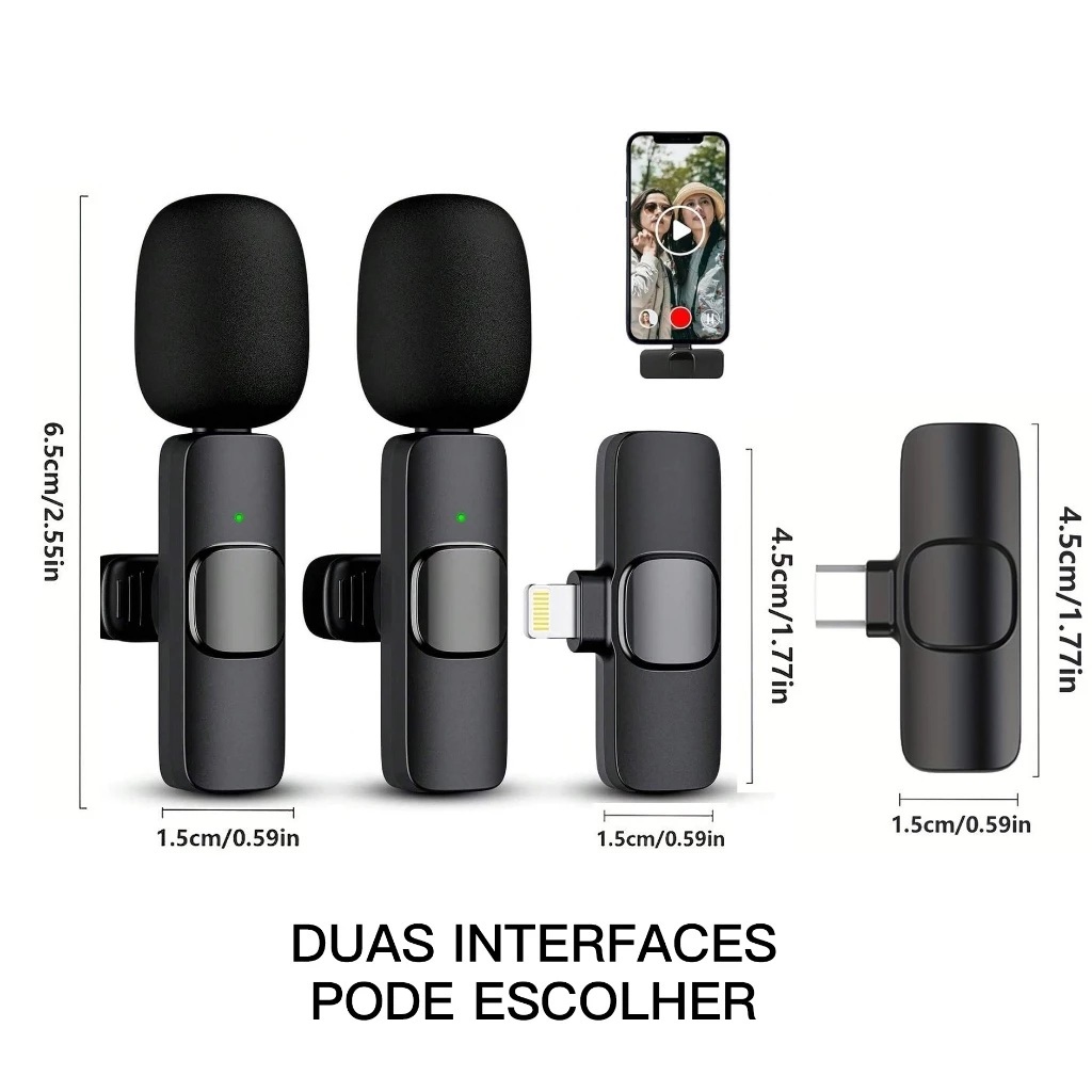 Kit com 2 Microfones de Lapela Sem Fio K9 | Compatível com Tipo-C ou iPhone | Ideal para Vlogs e Lives