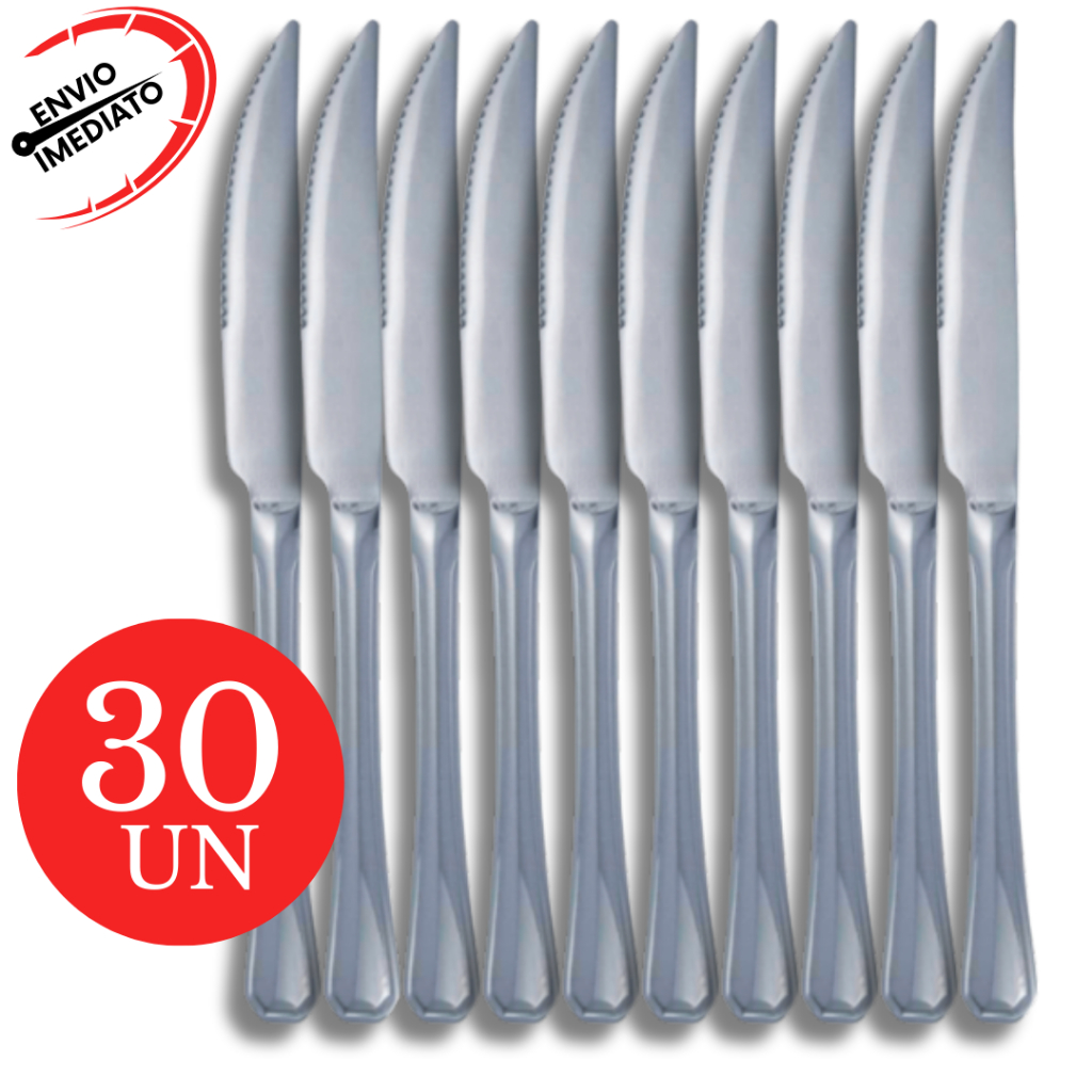 Kit 30 Faca Mesa Aço Inox Elegante Talher Churrascaria Pizzaria Restaurante Buffet Casa Bar