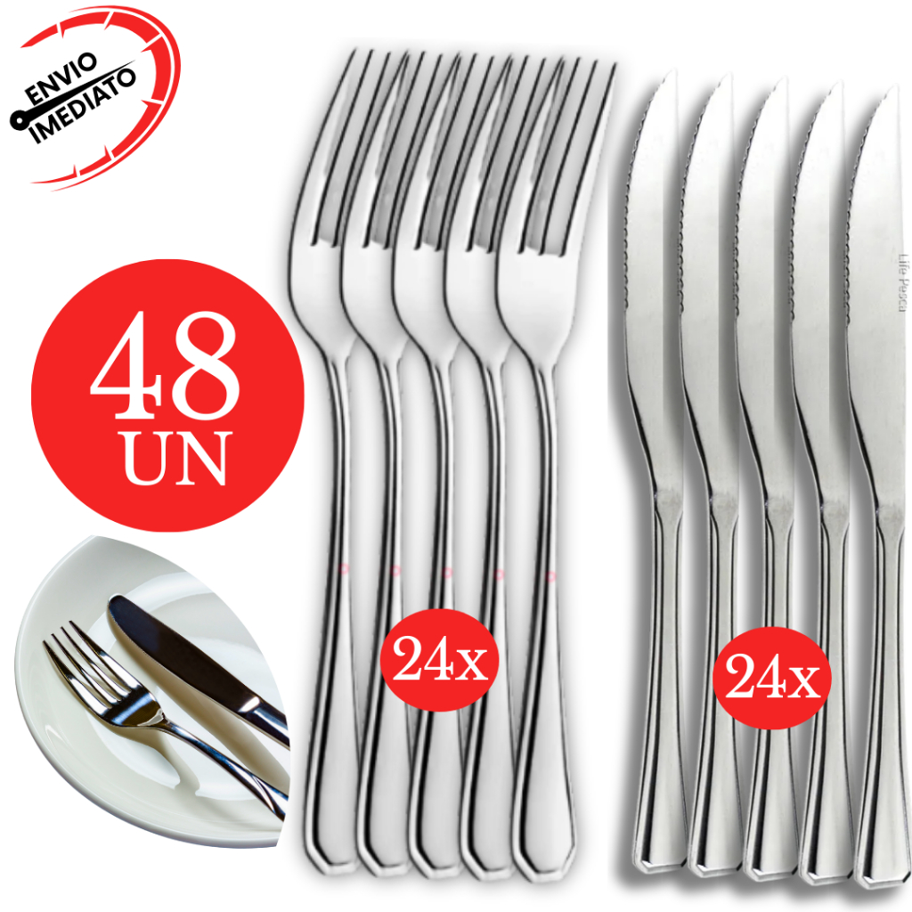 Kit Jogo Talher 48 Garfo Faca Mesa Elegante Aço Inox Churrascaria Restaurante Pizzaria Bar Buffet