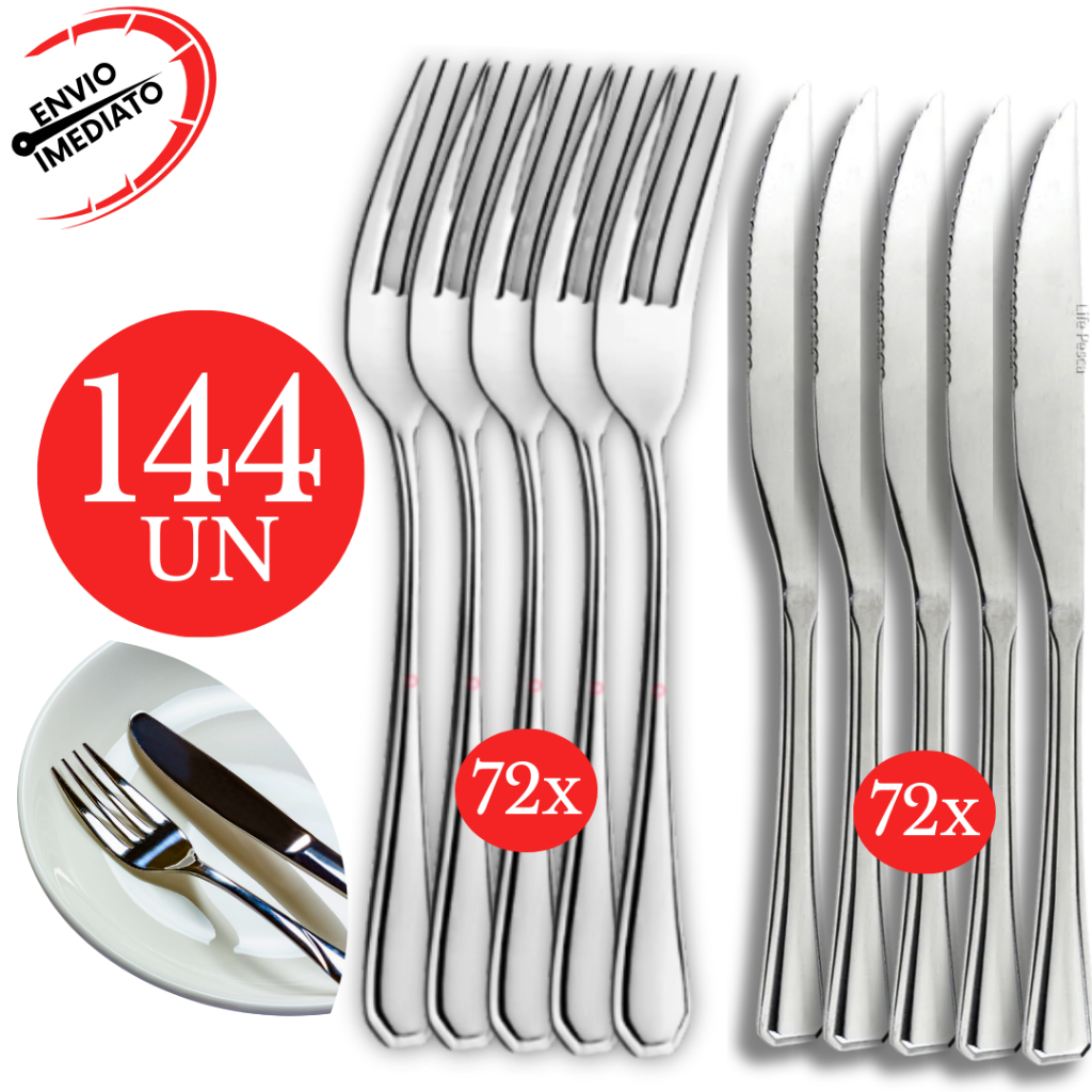 Kit Jogo Talher 144 Garfo Faca Mesa Elegante Aço Inox Churrascaria Restaurante Pizzaria Bar Buffet