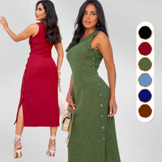 Vestido tubinho feminino elegante longo com fenda de Linhâo com Botões Ajustáveis com Forro em Oferta na Shopee