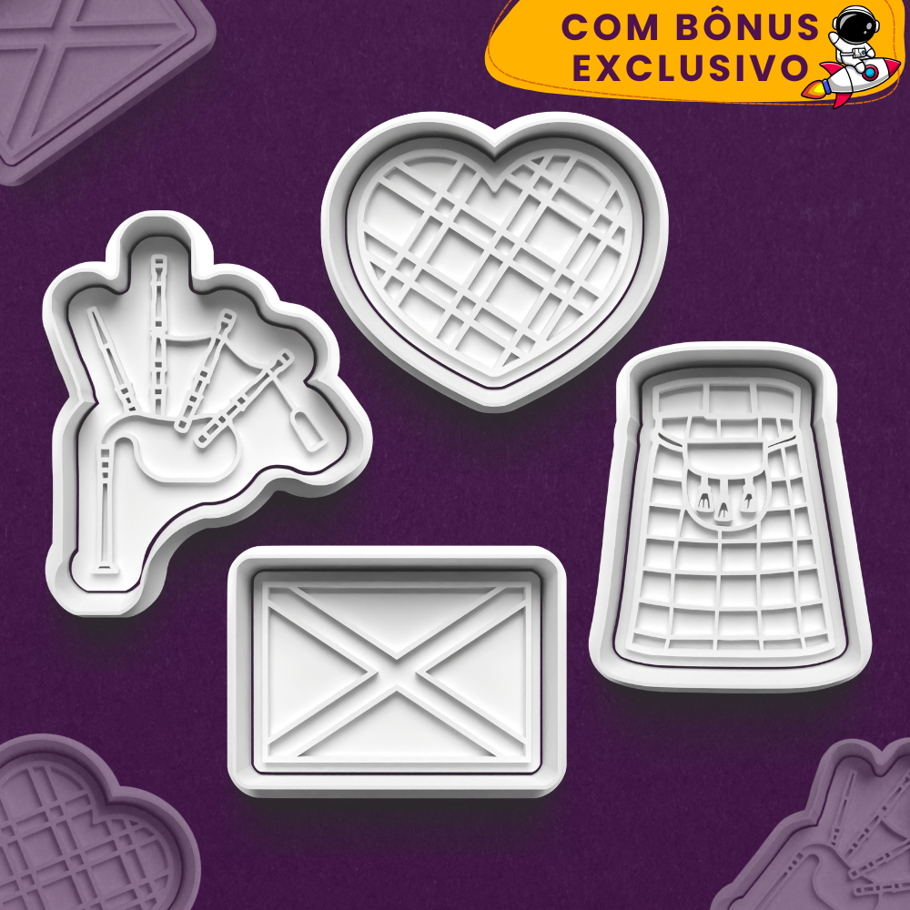 Kit 4 Cortador Marcador Cookie Escócia Bandeira Kilt Gaita de Fole Tartan Biscoito Festa