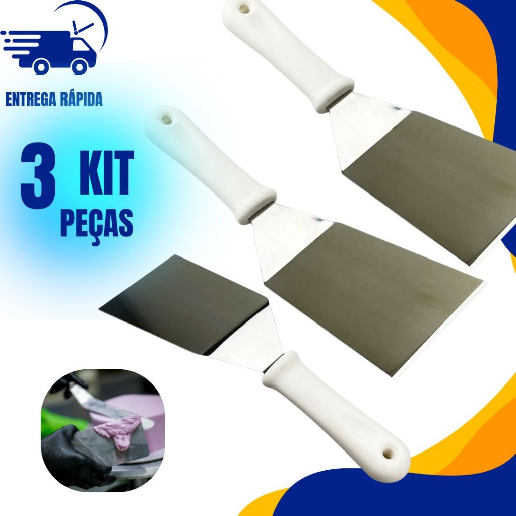 Imagem KIT 3 Espátula Chapeiro Profissional de Inox Curva 3" polegadas - Cozinha Burger Churrasco Hamburger