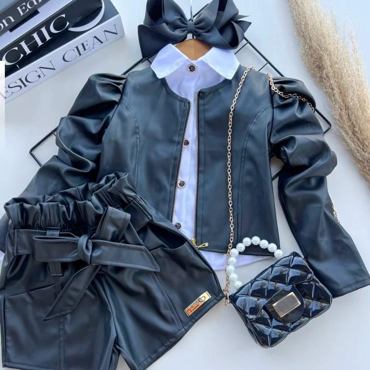 Conjunto Infantil 2 Peças Jaqueta e shorts de Couro Para Meninas em Oferta na Shopee