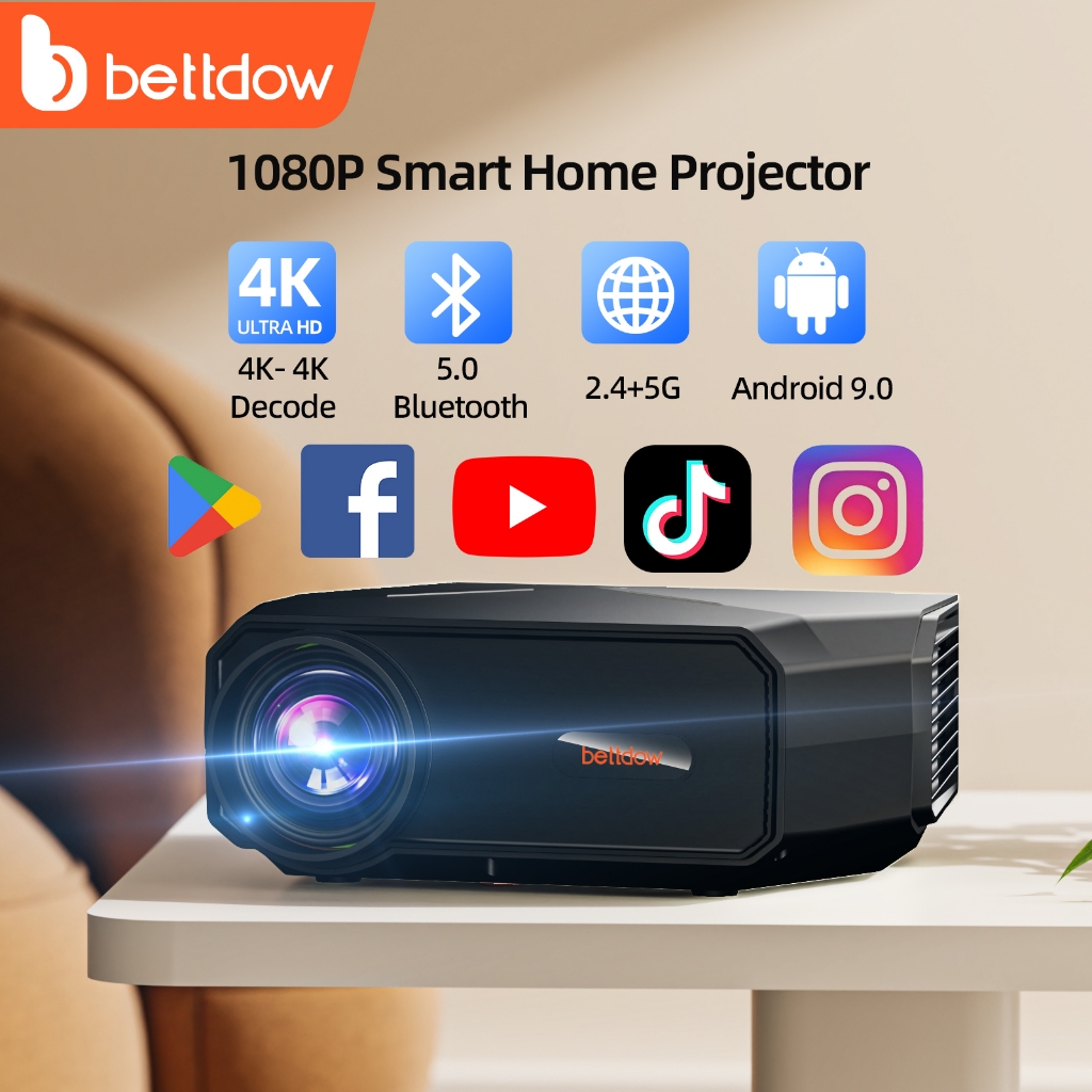 Bettdow Inteligente Projetor 15000LM 1080P 4K WiFi Projetor Correção Keystone Automática Suporta Netflix YouTube