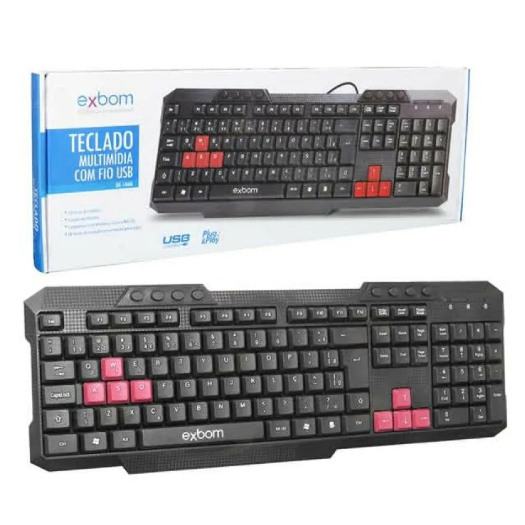 Teclado Gamer Usb ABNT2 Multimídia Com Fio Exbom tecla vermelha - BK-144M