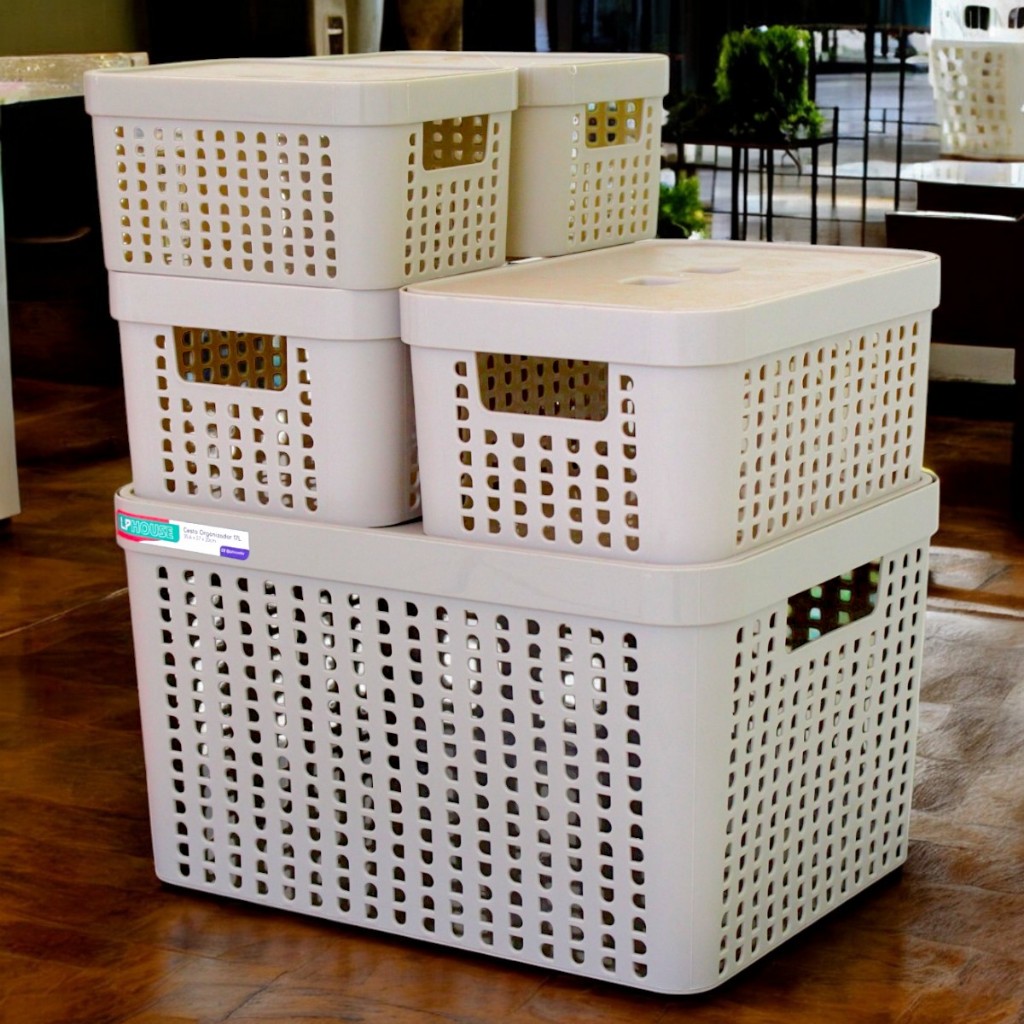 Conjunto 5 Caixas Organizadoras Com Tampa Cesto Grande em Plástico Resistente 2 L 4,5 L 17 L
