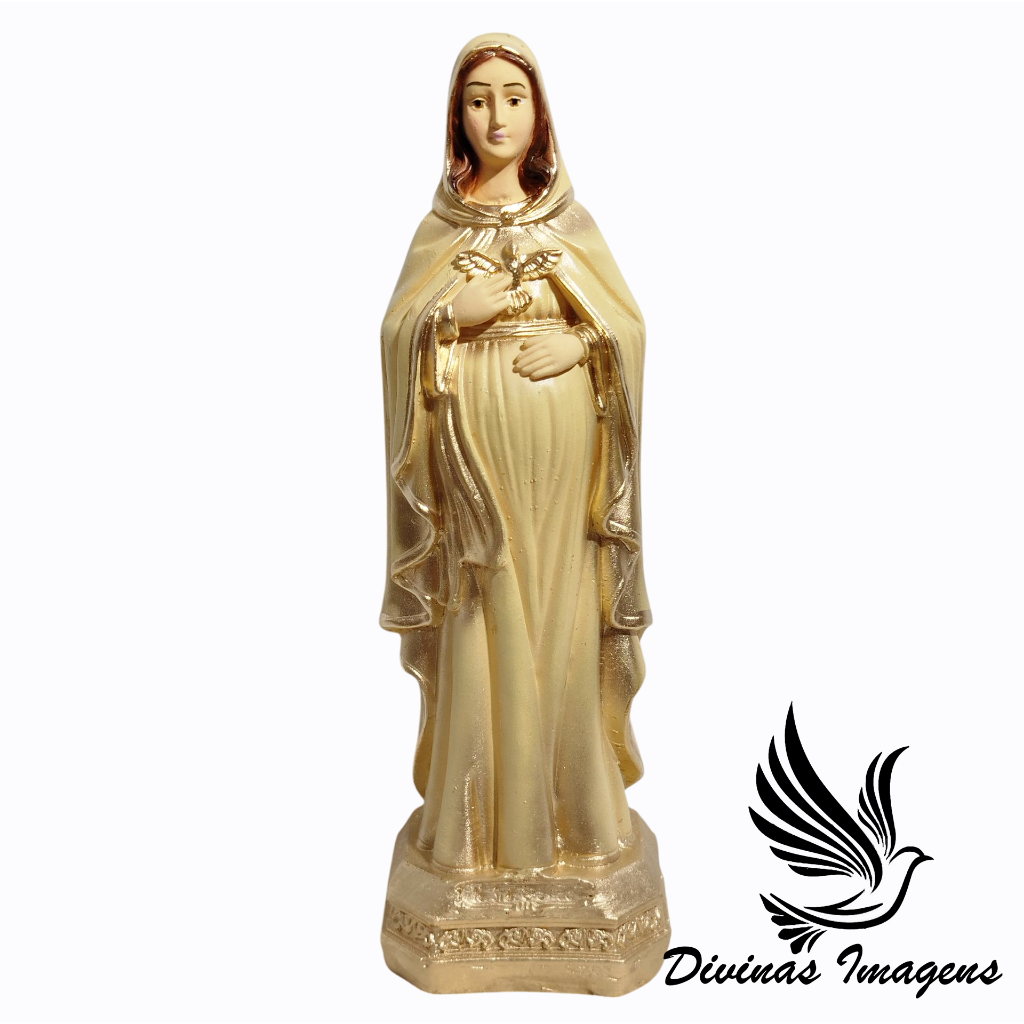 Imagem Nossa Senhora Gravida Com Divino 20cm Dourada Gesso Premium Pintado Decoração Sacra