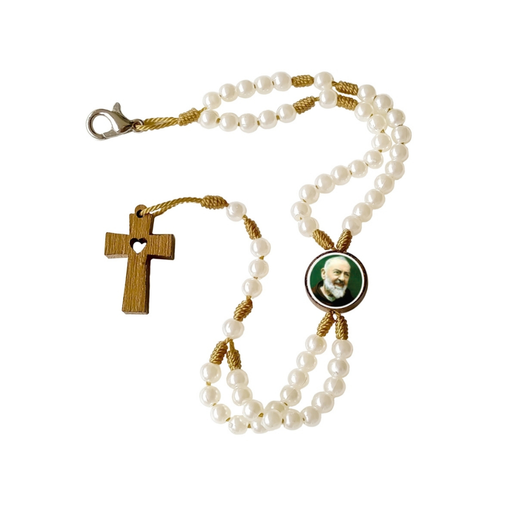 Terço Pulseira Padre Pio Perolado - São Pio de Pietrelcina - Pulso Artigo Religioso Católico