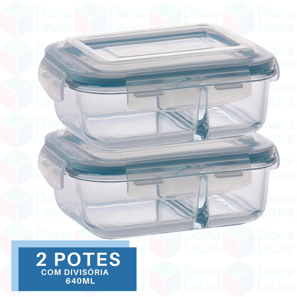 Imagem Jogo 2 Potes 640ml Divisória Hermético Marmita Microondas