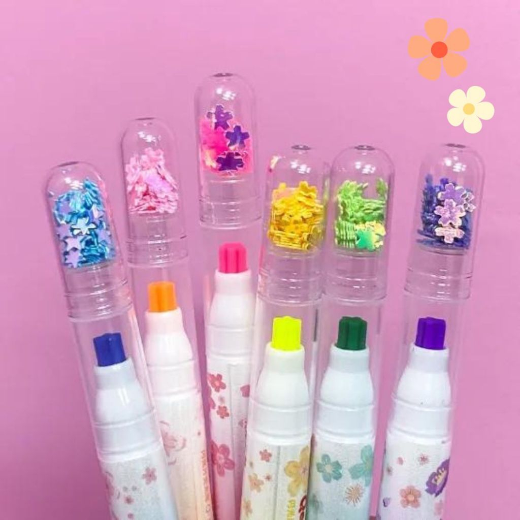 Caneta SAKURA Ponta 6 Cores Marca Texto Florzinha Tampa com glitter estrela flor