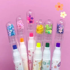 Caneta SAKURA Ponta 6 Cores Marca Texto Florzinha Tampa com glitter estrela flor