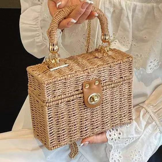 Bolsa feminina palha caixinha de praia trançado alça de mão alça corrente cadeia transversal em Oferta na Shopee