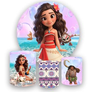 Kit Painel Redondo EM Tecido Sublimado 1x1 mts + 3 Caps de Cilindro Moana