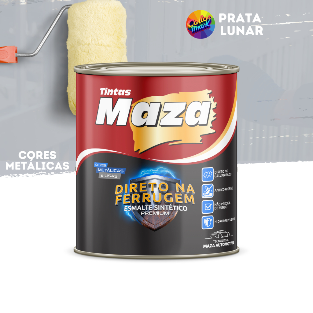 Tinta Esmalte Sintético Brilhante Direto na Ferrugem Antiferrugem Cor Prata Lunar Metálica 900ML Maza Para Portões