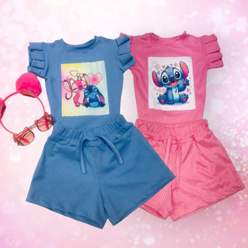 Conjunto Infantil Ribana Canelada Menina Lilo Stitch e Angel Short com Blusinha Moda Blogueira