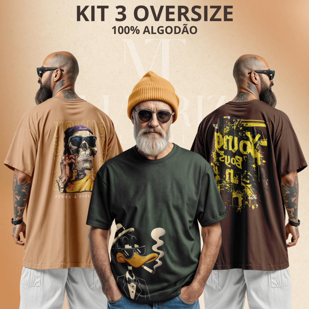 Kit 3 Camisetas Oversized Estampadas Urbana Algodão Premium