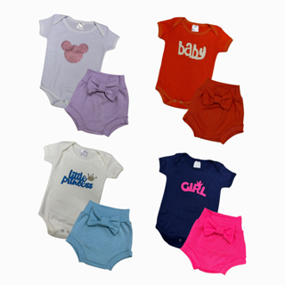 kit 4 peças  body infantil feminino shorts com laço - verão menina - sortido em Oferta na Shopee