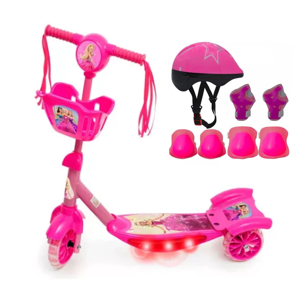 Patinete Barbie Infantil Meninas Lançamento Musical e Luzes 3 Rodas Com Cesta Promoção