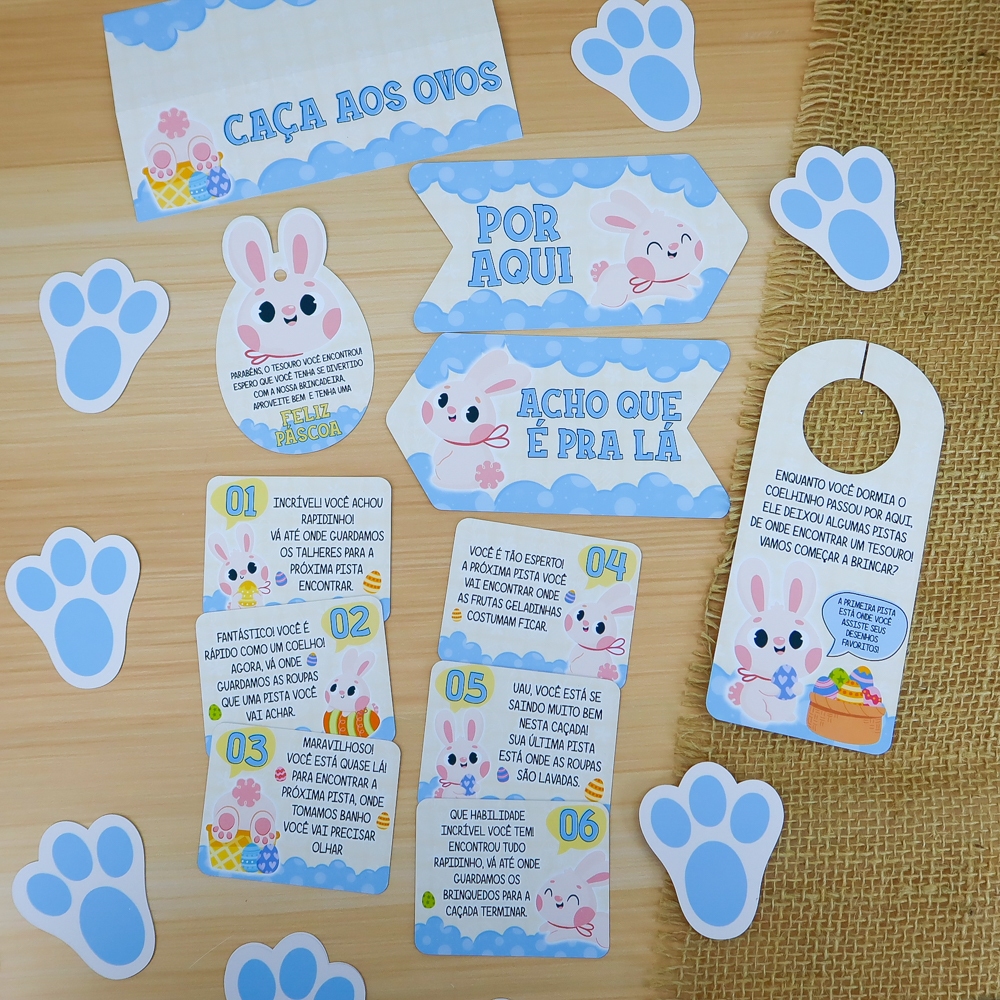 kit caça aos ovos de páscoa coelinho pistas para ovo de pascoa patinhas coelho coelhinho diverção tesouro em Oferta na Shopee