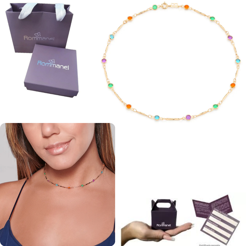 Presente Feminino Choker Rommanel 531958 Cristais Coloridos Banhado Ouro 18k Lindo