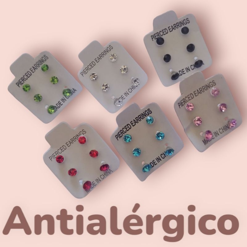 Kit Brinco Antialérgico 3 CARTELAS  Silicone Ponto de Luz Colorido 9 PARES Cristal Vermelho Preto Rosa Azul Roxo