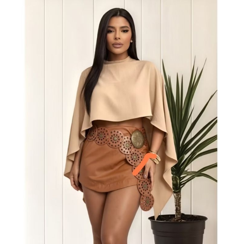 Blusa Capa Feminina Gola Alta Cropped Morcego com Top Faixa com Bojo