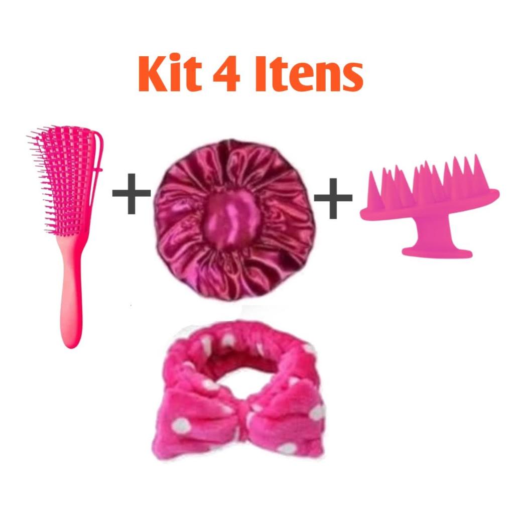 Kit Escova Polvo/Escova Massageadora/Touca de Cetim/Faixa de Cabelo com 4 itens