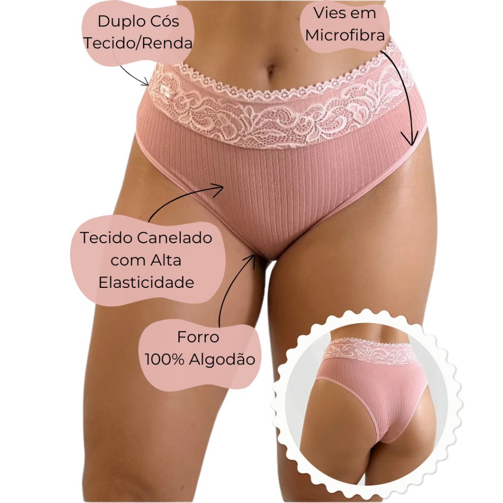 Kit Calcinhas Caneladas – Cós Alto com Renda, Alta Elasticidade, Forro 100% Algodão, Ideal...