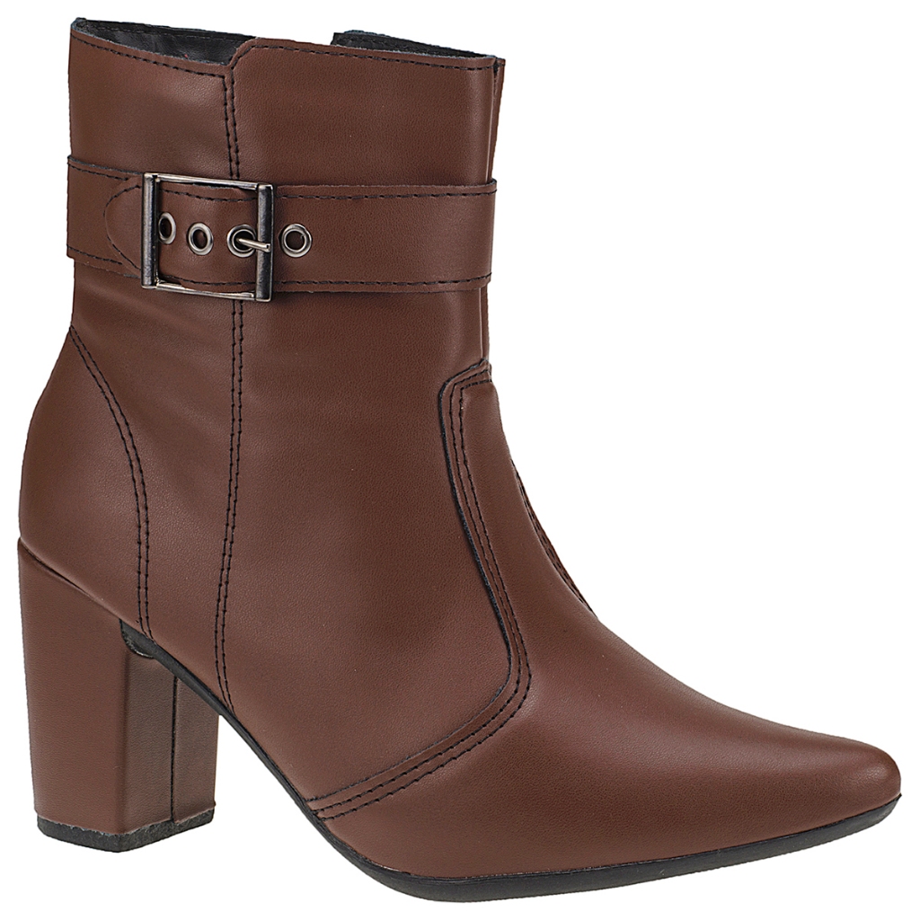 Bota Feminina com Zíper Bico Fino Lateral Cano Curto Salto com Acessório Fivela 205
