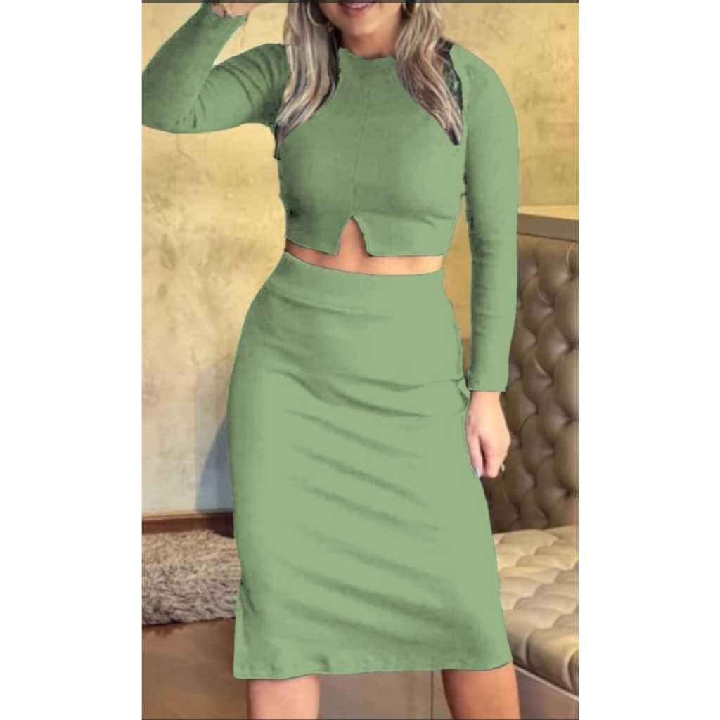 Conjunto Divino - Saia Ribana + Cropped Manga Comprida 🖤