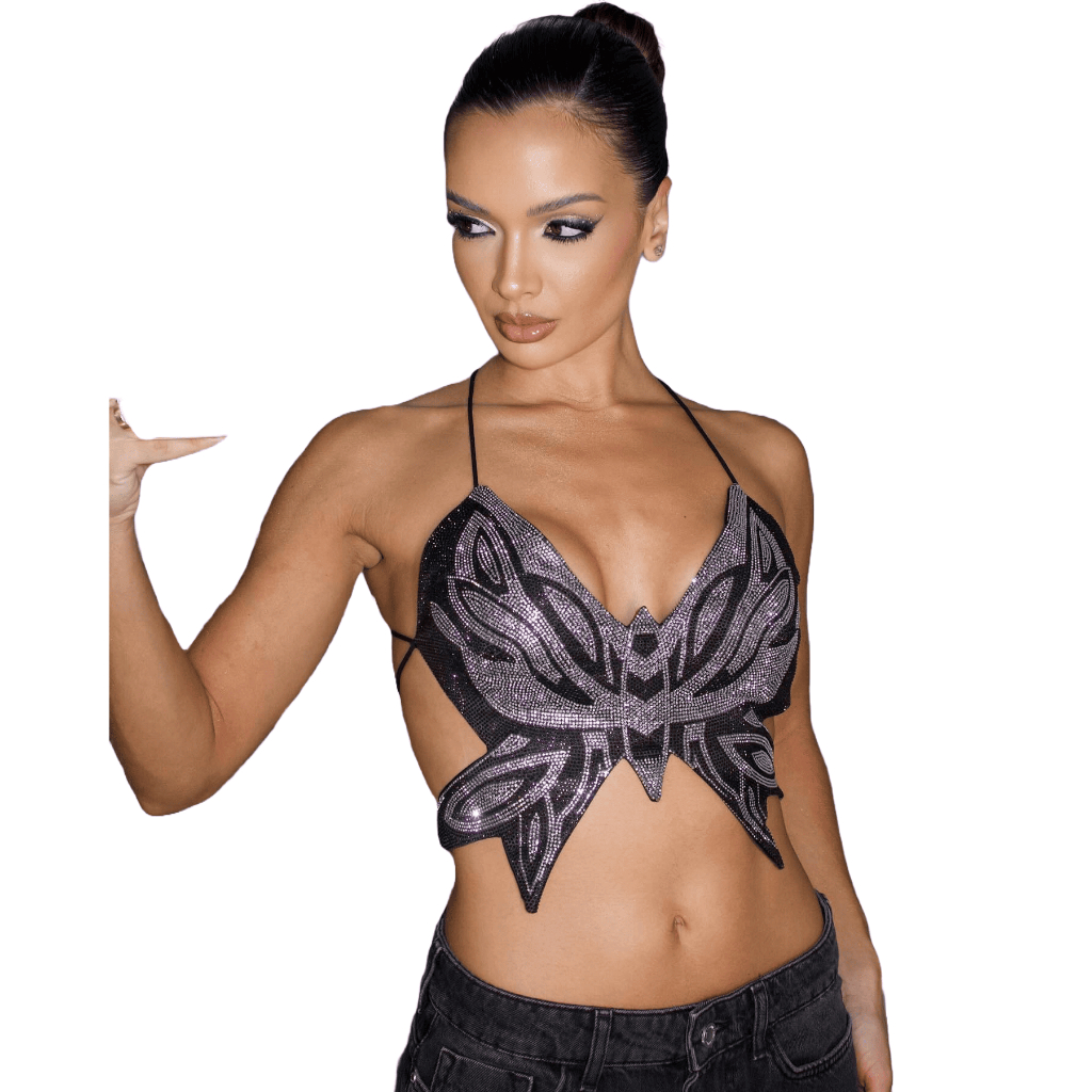 Cropped Borboleta Strass Brilho Luxo Balada Top Blusa Moda Blogueira Tumblr Estilo Sexy Trend  Festa em Oferta na Shopee
