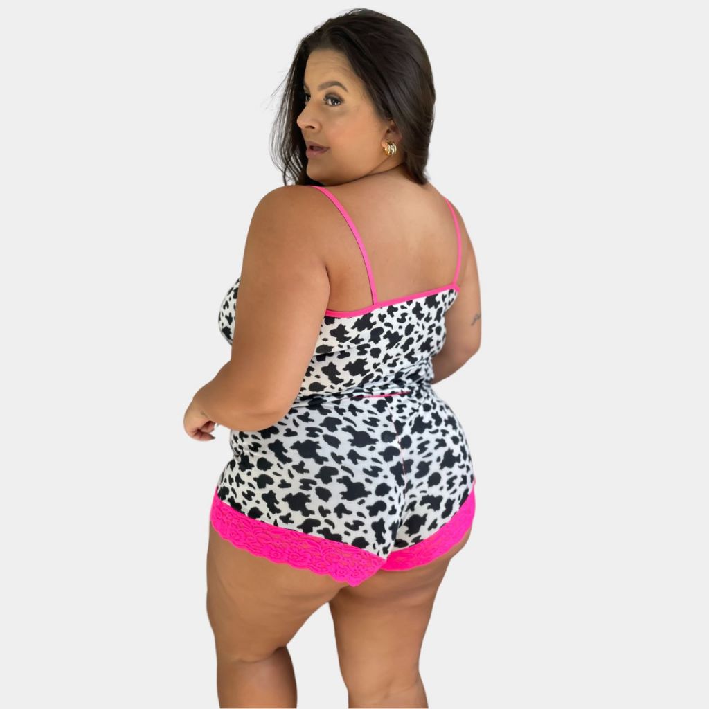 Pijama Baby Doll Microfibra Plus Size Vaquinha Com Renda Neon Confortável — imagem 2 de 2